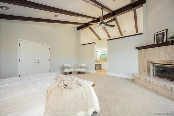 Bedroom, Fireplace, Interior, Recessed Lighting, Wooden Beams