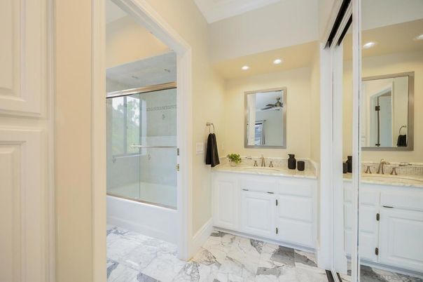 Bathroom, Dual Sink Vanities, Glass Shower, Interior, Marble, Recessed Lighting