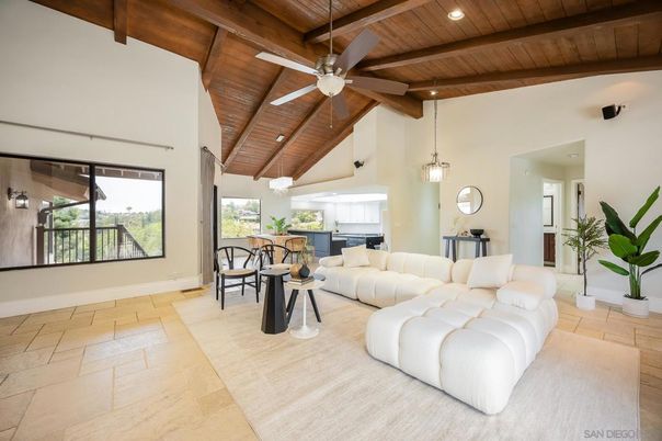 Dining room, Interior, Living room, Pendant Lights, Recessed Lighting, Wooden Beams, Wooden Ceilings