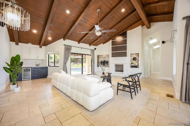 Chandelier, Dining room, Fireplace, Interior, Living room, Recessed Lighting, Wooden Beams, Wooden Ceilings