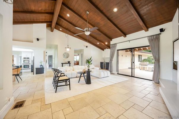 Dining room, Fireplace, Interior, Living room, Pendant Lights, Recessed Lighting, Wooden Beams, Wooden Ceilings