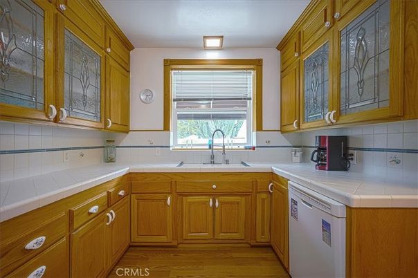 Interior, Kitchen, Tile Countertops, Wood Texture Flooring