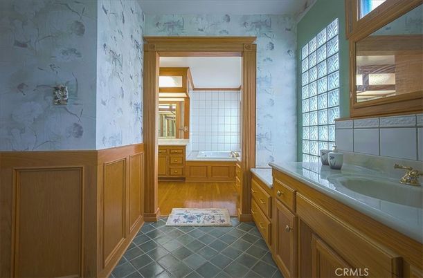 Bathroom, Interior, Marble Walls, Wood Texture Flooring