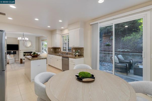 Dining room, Fireplace, Interior, Kitchen, Living room, Pendant Lights, Recessed Lighting, Stainless Steel Appliances