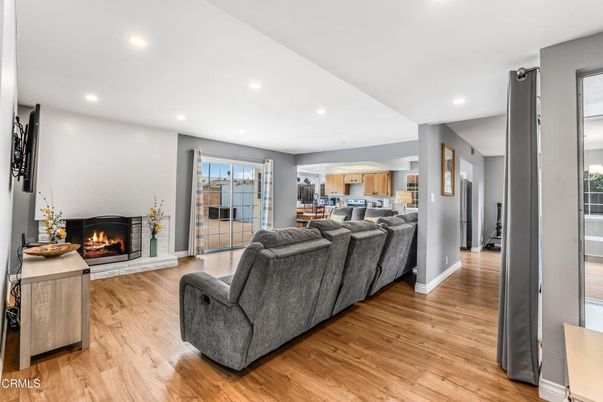 Fireplace, Interior, Kitchen, Living room, Recessed Lighting, Wood Texture Flooring