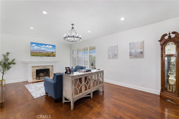 Chandelier, Fireplace, Home Office, Interior, Pendant Lights, Recessed Lighting, Wood Texture Flooring