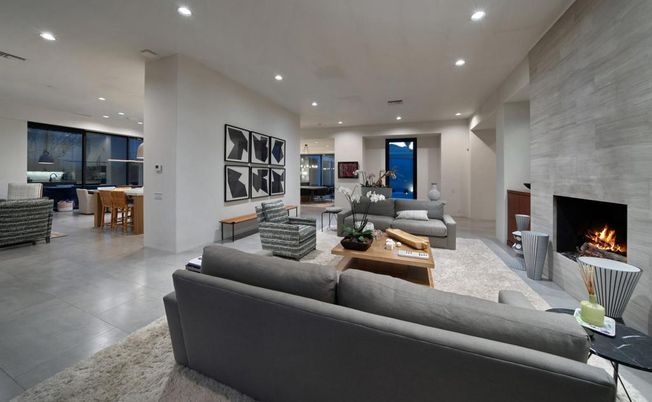 Dining room, Fireplace, Interior, Living room, Recessed Lighting