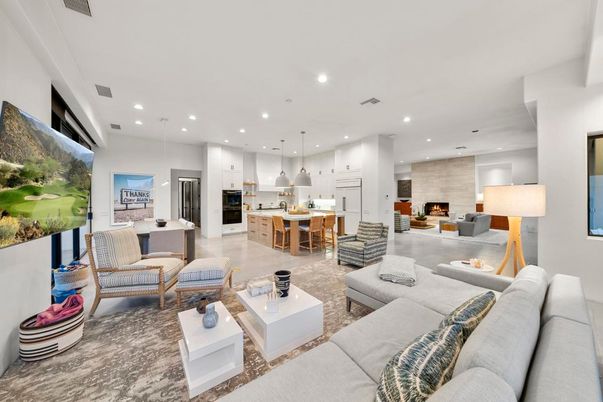 Dining room, Fireplace, Interior, Kitchen, Living room, Pendant Lights, Recessed Lighting, Stainless Steel Appliances, Stone Walls