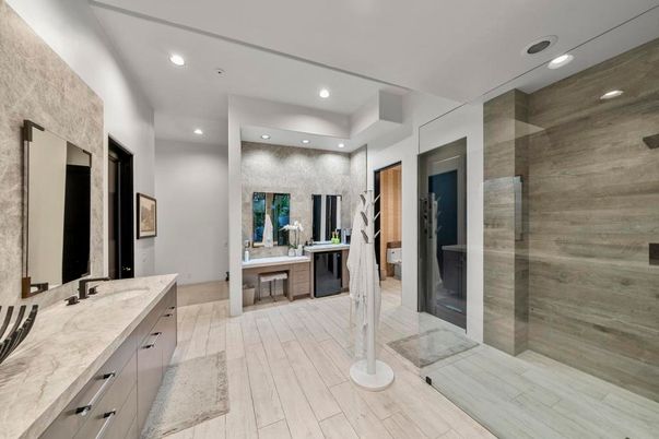 Bathroom, Glass Shower, Interior, Recessed Lighting, Wood Texture Flooring