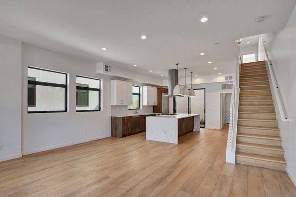 Interior, Kitchen, Pendant Lights, Recessed Lighting, Wood Texture Flooring