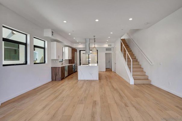Interior, Kitchen, Pendant Lights, Recessed Lighting, Wood Texture Flooring