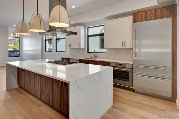 Interior, Kitchen, Pendant Lights, Recessed Lighting, Stainless Steel Appliances, Wood Texture Flooring