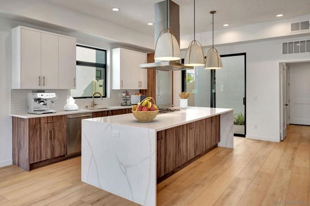 Interior, Kitchen, Pendant Lights, Recessed Lighting, Wood Texture Flooring