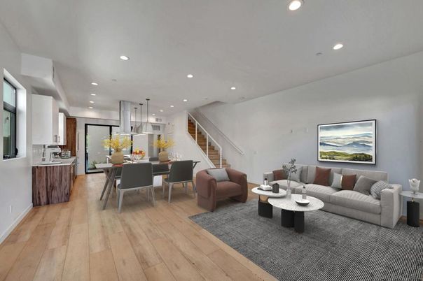 Dining room, Interior, Kitchen, Living room, Pendant Lights, Recessed Lighting, Wood Texture Flooring