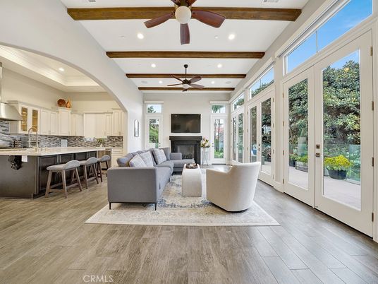 Fireplace, Interior, Kitchen, Living room, Recessed Lighting, Wooden Beams, Wood Texture Flooring