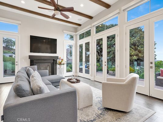 Fireplace, Interior, Living room, Recessed Lighting, Sun Room, Wooden Beams, Wood Texture Flooring