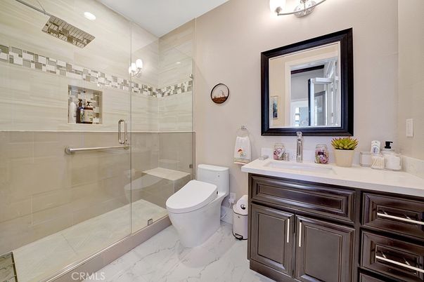 Bathroom, Glass Shower, Interior, Marble, Recessed Lighting