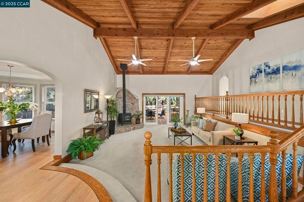 Dining room, Fireplace, Interior, Living room, Pendant Lights, Wooden Beams, Wooden Ceilings, Wood Texture Flooring