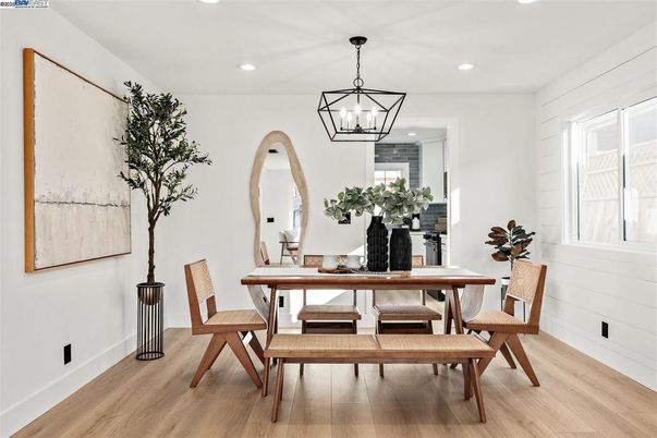 Dining room, Interior, Pendant Lights, Recessed Lighting, Wood Texture Flooring