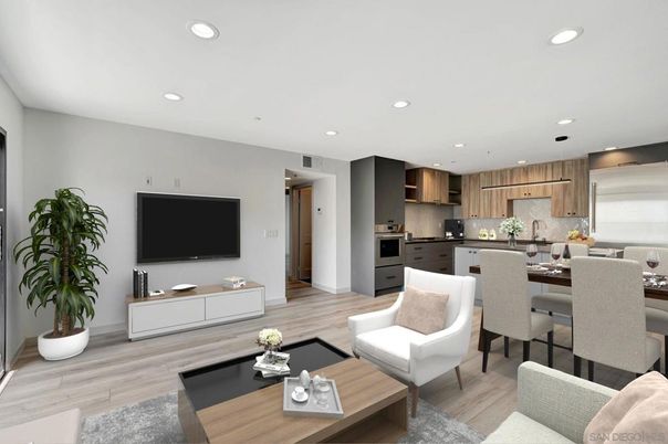 Dining room, Interior, Kitchen, Living room, Recessed Lighting, Stainless Steel Appliances, Wood Texture Flooring