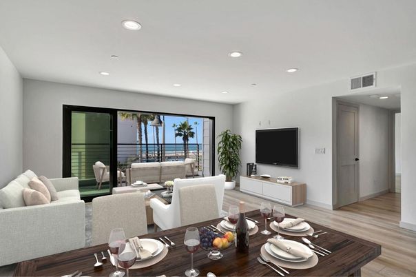 Dining room, Interior, Living room, Recessed Lighting, Wood Texture Flooring
