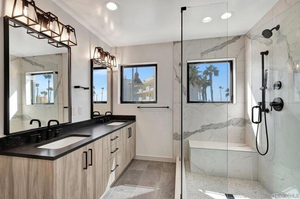 Bathroom, Dual Sink Vanities, Glass Shower, Interior, Marble Walls, Recessed Lighting