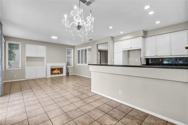 Chandelier, Empty room, Fireplace, Interior, Kitchen, Recessed Lighting