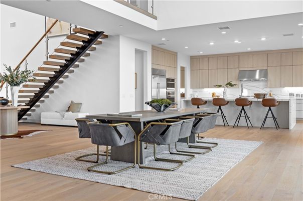 Dining room, Interior, Kitchen, Recessed Lighting, Stainless Steel Appliances, Wood Texture Flooring