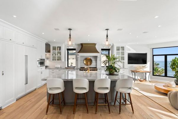 Interior, Kitchen, Pendant Lights, Recessed Lighting, Water, Wood Texture Flooring
