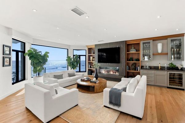 Fireplace, Interior, Living room, Recessed Lighting, Water, Wood Texture Flooring
