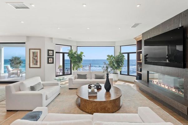 Fireplace, Interior, Living room, Recessed Lighting, Water, Wood Texture Flooring