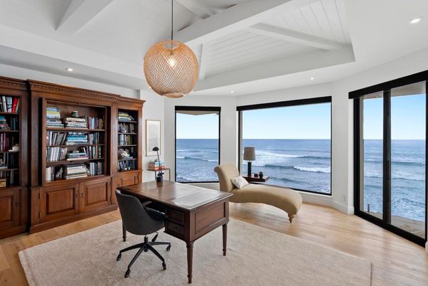Home Office, Interior, Pendant Lights, Recessed Lighting, Water, Wood Texture Flooring