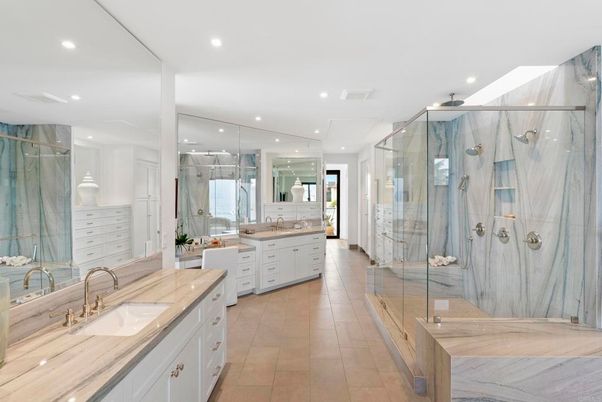 Bathroom, Dual Sink Vanities, Glass Shower, Interior, Marble Walls, Recessed Lighting