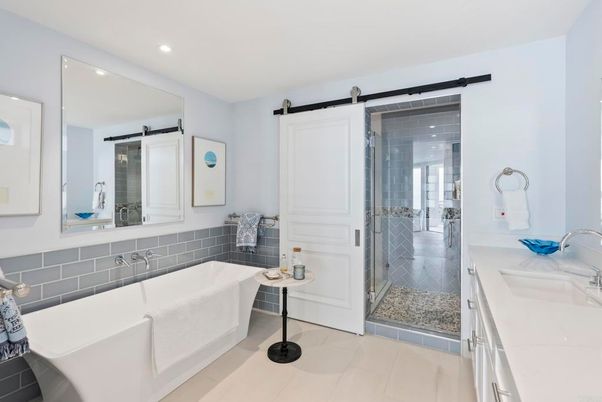 Bathroom, Free Standing Baths, Glass Shower, Interior, Recessed Lighting