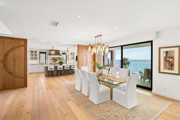 Dining room, Interior, Kitchen, Pendant Lights, Recessed Lighting, Water, Wood Texture Flooring