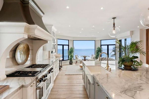 Interior, Kitchen, Pendant Lights, Recessed Lighting, Stainless Steel Appliances, Water, Wood Texture Flooring