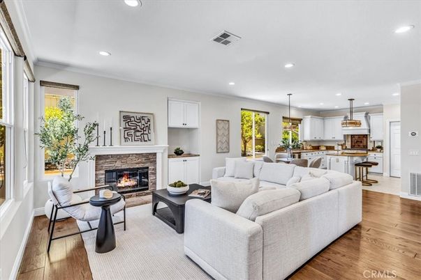 Fireplace, Interior, Kitchen, Living room, Pendant Lights, Recessed Lighting, Wood Texture Flooring