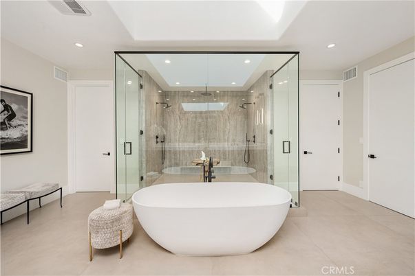 Bathroom, Free Standing Baths, Glass Shower, Interior, Recessed Lighting