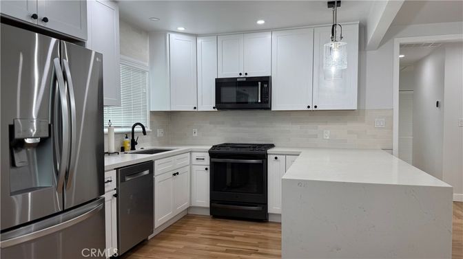 Interior, Kitchen, Pendant Lights, Recessed Lighting, Stainless Steel Appliances, Wood Texture Flooring