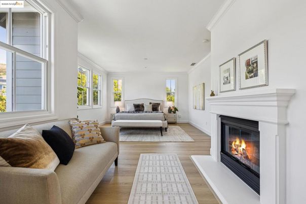 Bedroom, Fireplace, Interior, Recessed Lighting, Wood Texture Flooring