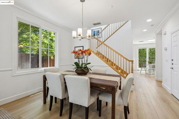 Dining room, Interior, Pendant Lights, Recessed Lighting, Wood Texture Flooring