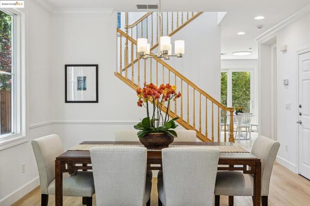Dining room, Interior, Pendant Lights, Recessed Lighting, Wood Texture Flooring