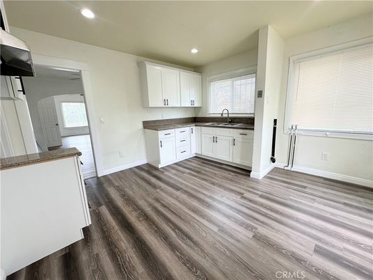 Empty room, Interior, Kitchen, Recessed Lighting, Wood Texture Flooring