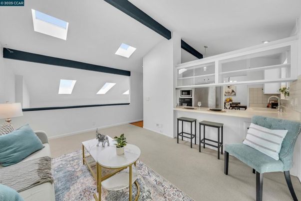 Interior, Kitchen, Living room, Recessed Lighting, Stainless Steel Appliances, Wooden Beams
