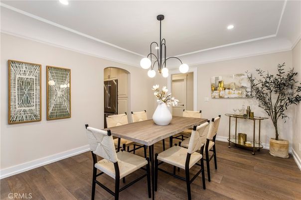 Dining room, Interior, Pendant Lights, Recessed Lighting, Wood Texture Flooring