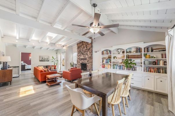 Dining room, Fireplace, Interior, Living room, Wood Texture Flooring