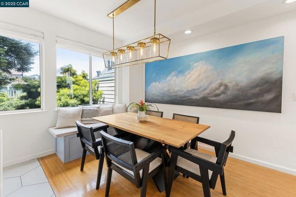 Dining room, Interior, Pendant Lights, Recessed Lighting, Wood Texture Flooring