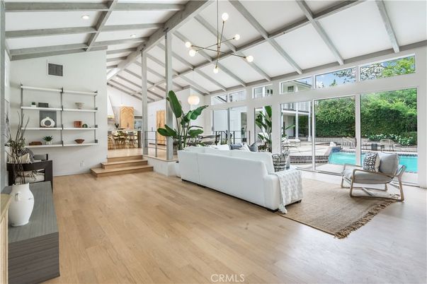 Interior, Living room, Pendant Lights, Recessed Lighting, Wooden Beams, Wood Texture Flooring