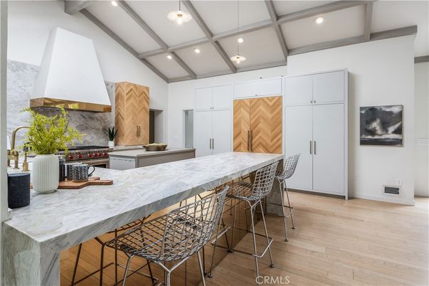 Interior, Kitchen, Pendant Lights, Recessed Lighting, Wooden Beams, Wood Texture Flooring