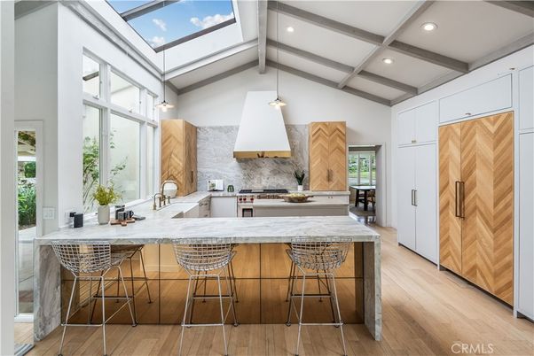 Interior, Kitchen, Pendant Lights, Recessed Lighting, Stainless Steel Appliances, Wooden Beams, Wood Texture Flooring